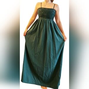 Green Maxi Gown Dress Sz Small Cotton Square Neck Empire Waist Babydoll Sequin‎